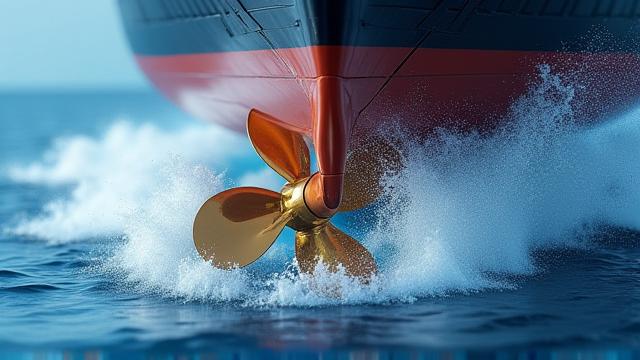 プロペラと舵周辺のCFDシミュレーションで流れが可視化されている