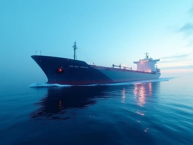 大型貨物船の船体と、それを囲むように表示される炭素排出量削減のグラフィック