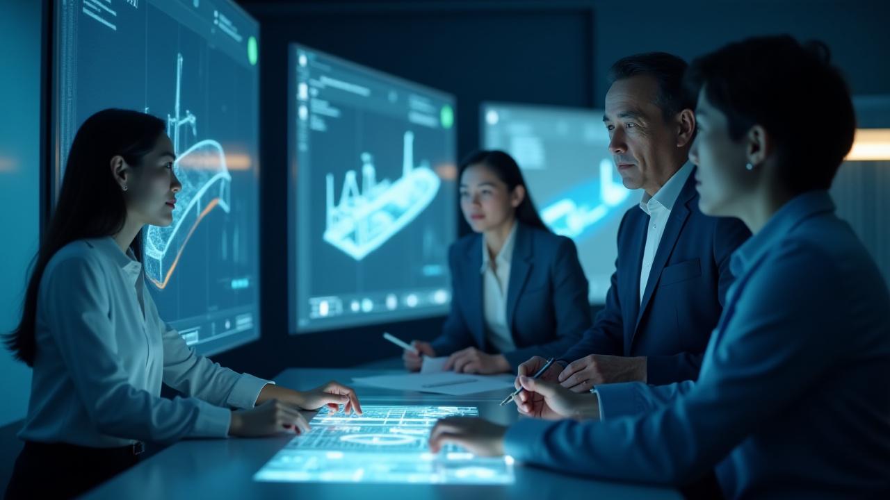 ハルバーエコーのエンジニアチームが設計図と3Dモデルを確認する様子