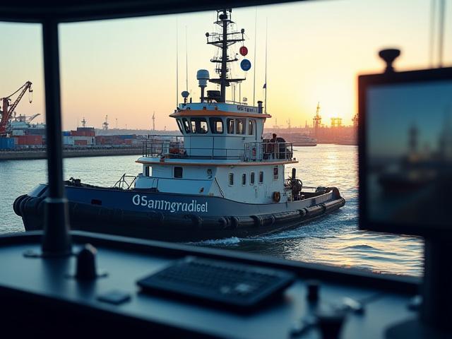 リモート制御コンソールが設置された港湾タグボートの改装。安全な操作のための最新技術。