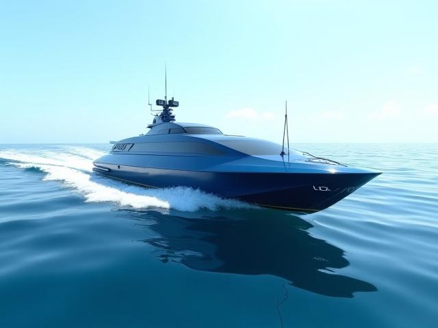 海底マッピング用のカスタム無人水上艇（USV）。高度なセンサーと流線形のデザインが特徴。