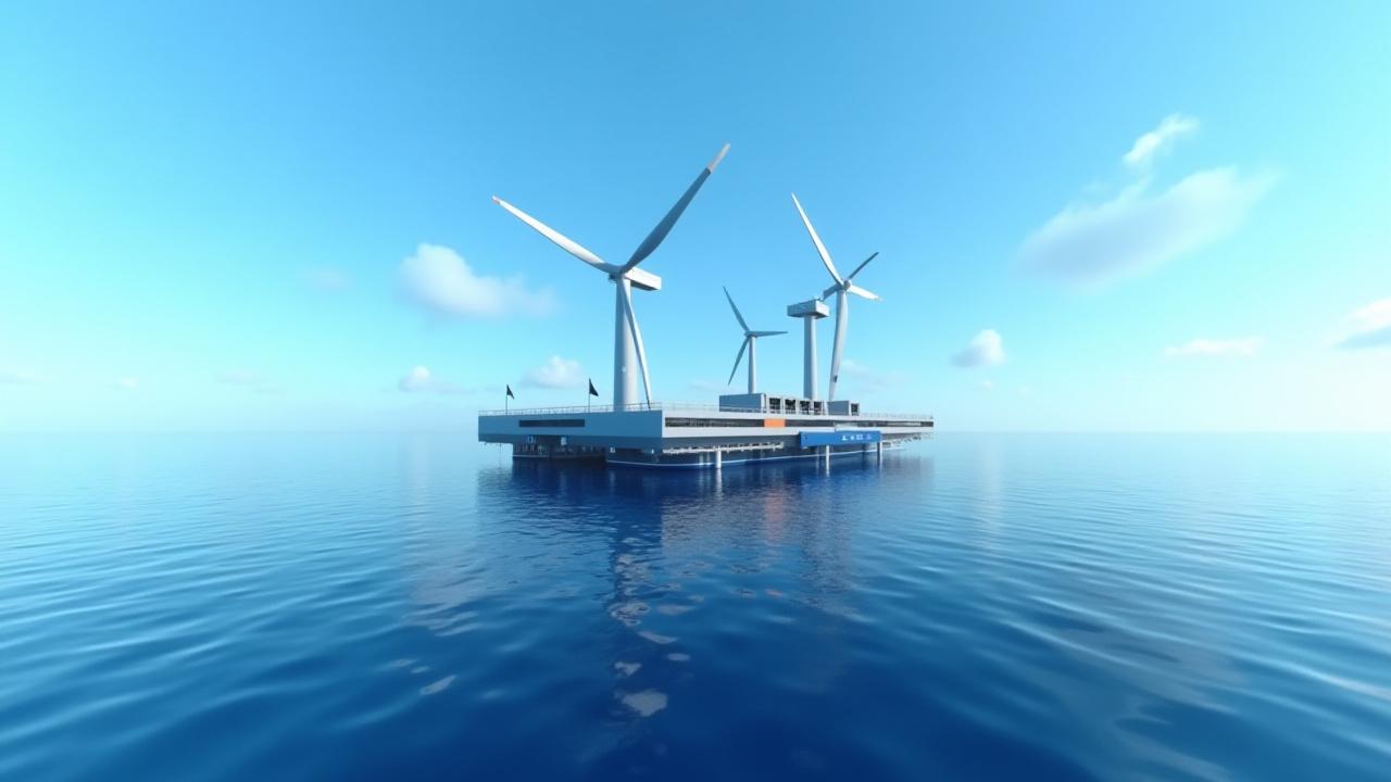 洋上風力発電プラットフォームの精巧なレンダリング図、係留システム、タービン統合、下部構造の主要コンポーネントがマークされています。