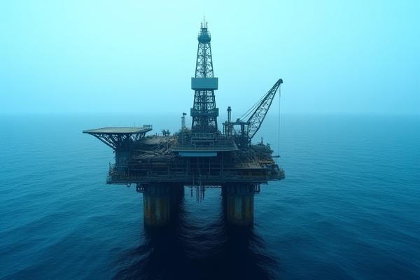 広大な海洋に位置する大型固定式石油プラットフォームの航空写真。