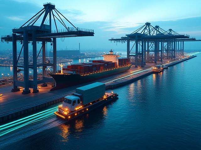 クレーン、トラック、船舶がターミナル内を移動するシミュレーションの画面表示