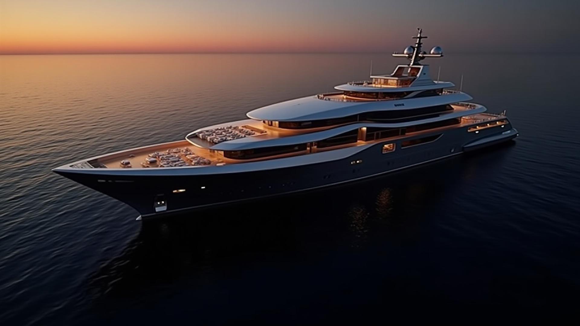 夕暮れの海に浮かぶ、非常に洗練された流線型のスーパーヨットの航空写真。ボートのデザインは現代的で、黄昏時のきらめく水面に光を反射している。